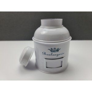 Anthropologie Small 6" T x 4.5" D " Boulangerie " White Tin Canister - EUC